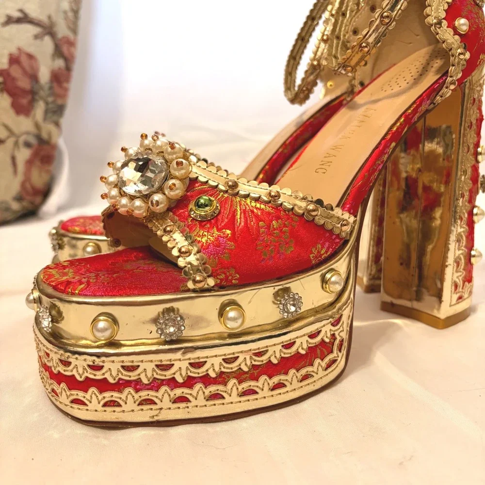 Azalea Wang Red and gold Brocade Platform Heels with Embellished Beads & Crystal